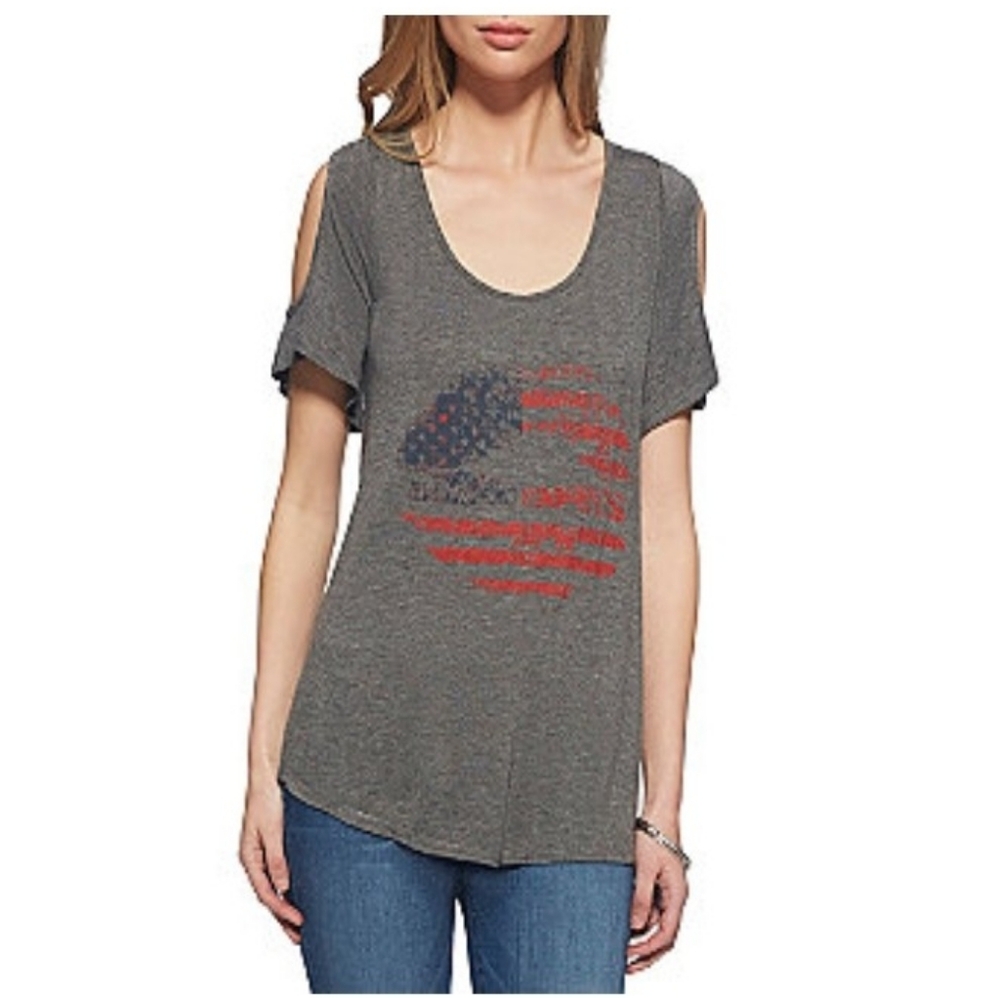 Jessica Simpson Flag Lips Patriotic Cold Shoulder Top American 4th Of July M NWT